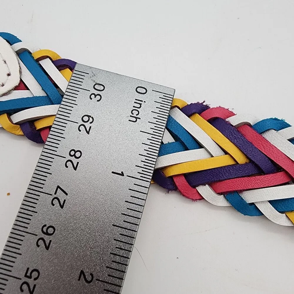 Womens Vintage Y2K Rainbow Braided Leather Belt Size L White Buckle Colorful 90s